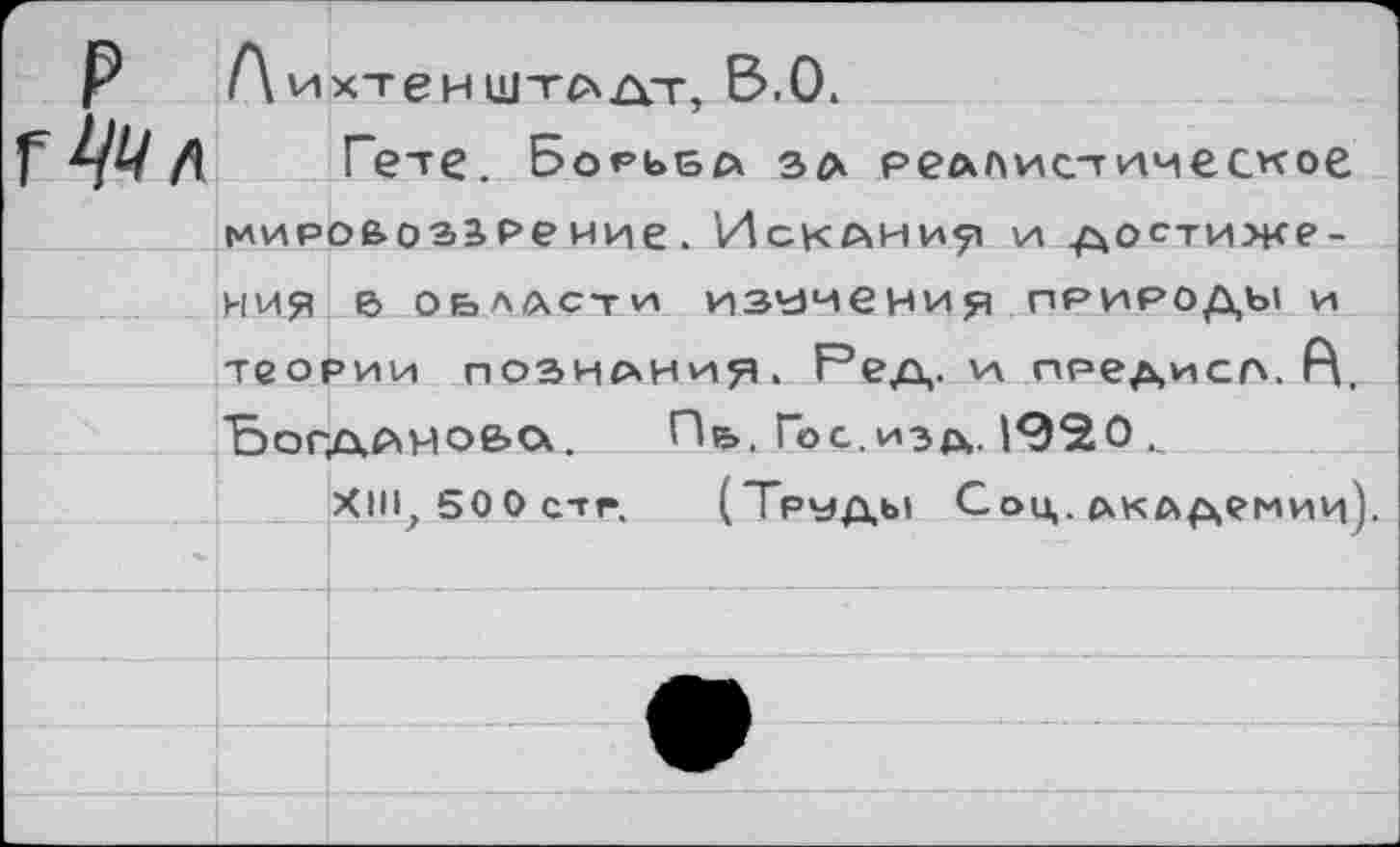 ﻿Р Лихтенштл^т, В.О.
Гете. Борьба за релАиетимеское миро&оз2,Реиие. Исками^ и достиже
ния 6 ОБЛАСТИ изучения ПРИРОДЫ И теории познания. Ред. и ппедисп. Н. ЪогАйНоьа. Пь, Гос.изд. 19^0
Х1Н? 50 0 СТР. (Труды Соц. АКАдемиц).